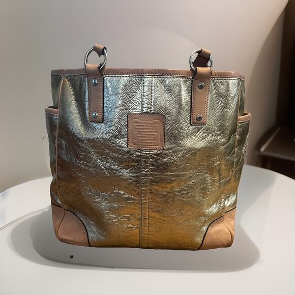 Coach Metro Metallic Gold Leather Tote Bag Pockets Double Handle Carryall Large - Picture 1 of 14